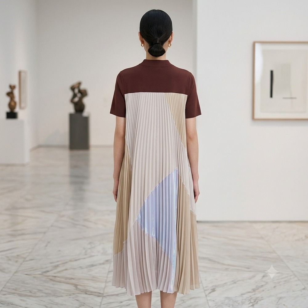 Clu Mixed Media Pleated Midi Dress XS Burgundy Colorblock Mock Neck WL18H4024
